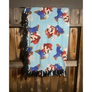 Vintage Handmade Mario Fleece Tie Blankets Blue Red Black 45” X 60” EUC